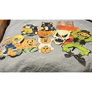 Vintage Halloween Decoration Lot Die Cut A Jointed Scarecrow & Cats Pumpkins